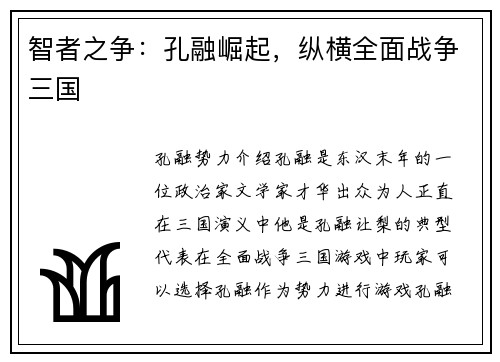 智者之争：孔融崛起，纵横全面战争三国